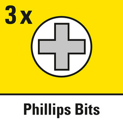3 "Phillips" cross recess bits PH1/PH2/PH3 included