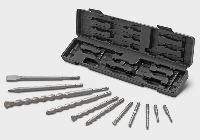Drill bit and chisel set with convenient storage box