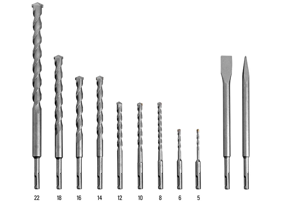 Trotec complete set with 9 percussion drill bits, pointed chisel and flat chisel
